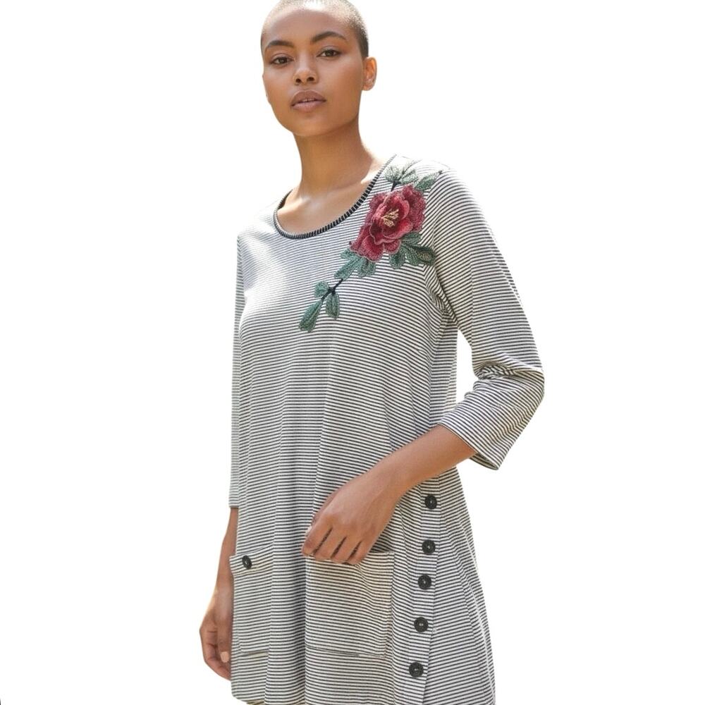 John Mark  Rose Applique Floral Pull Over Striped Tunic